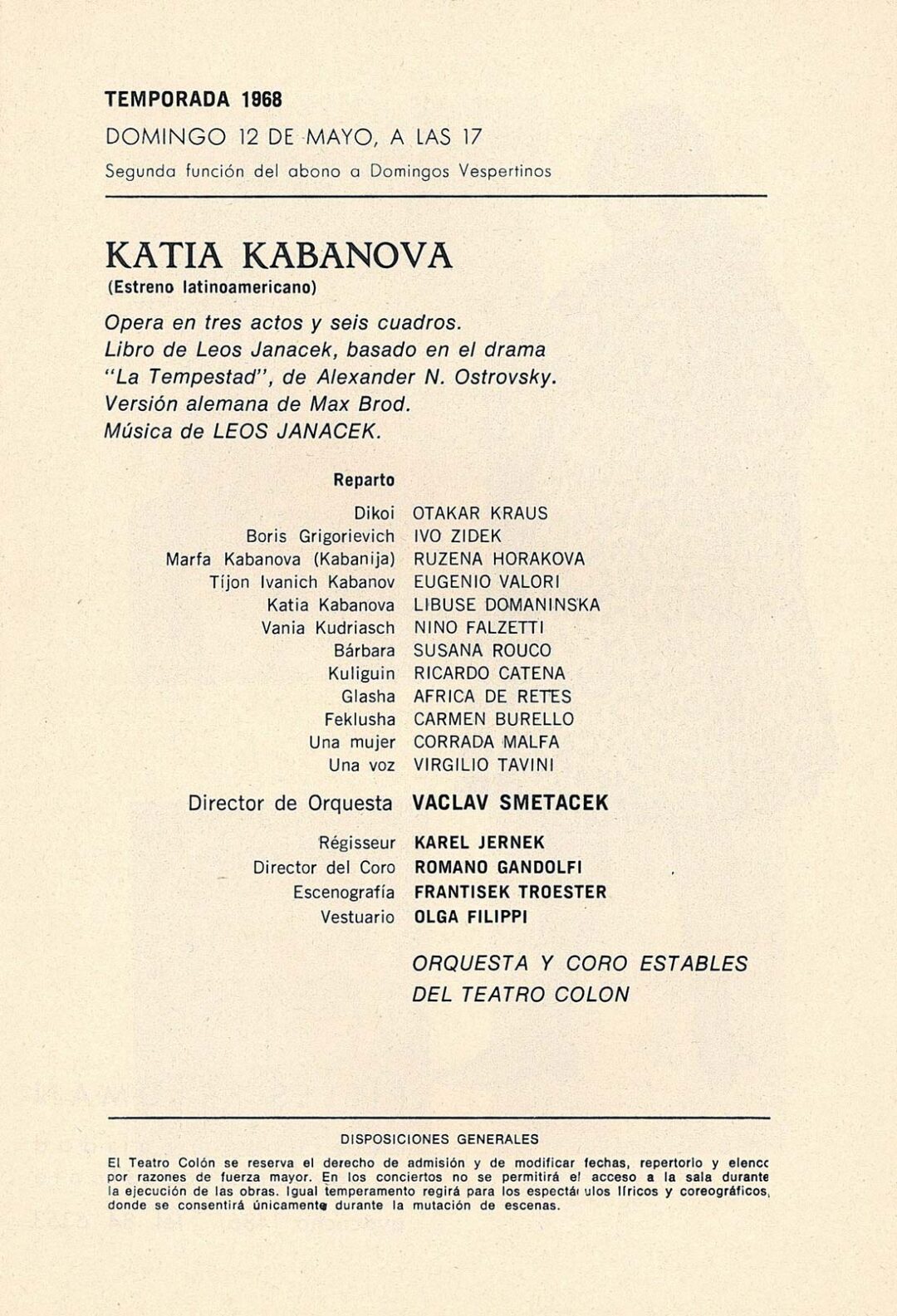 1968 │ Argentina, Buenos Aires, Teatro Colón, Káťa Kabanová jihoamerická premiéra